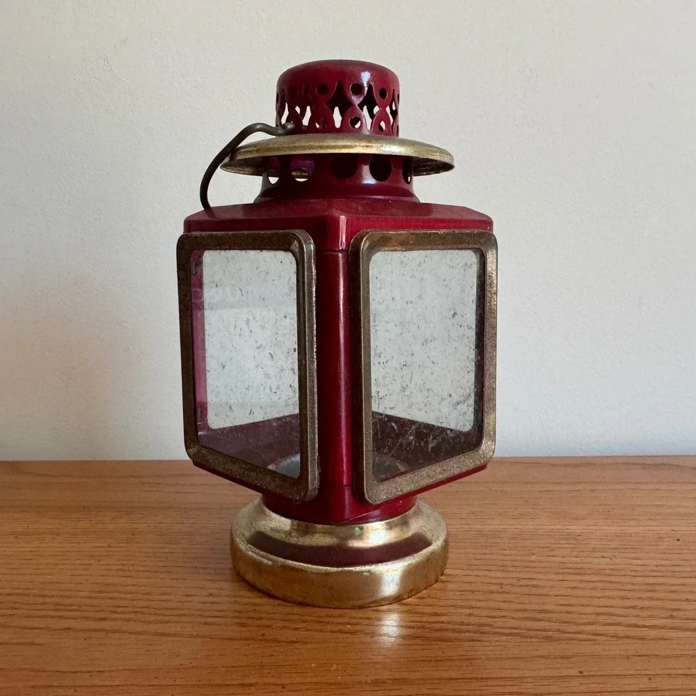 Vintage Red Metal and Brass Glass Pane Lantern Candle Holder Made in Hong Kong
